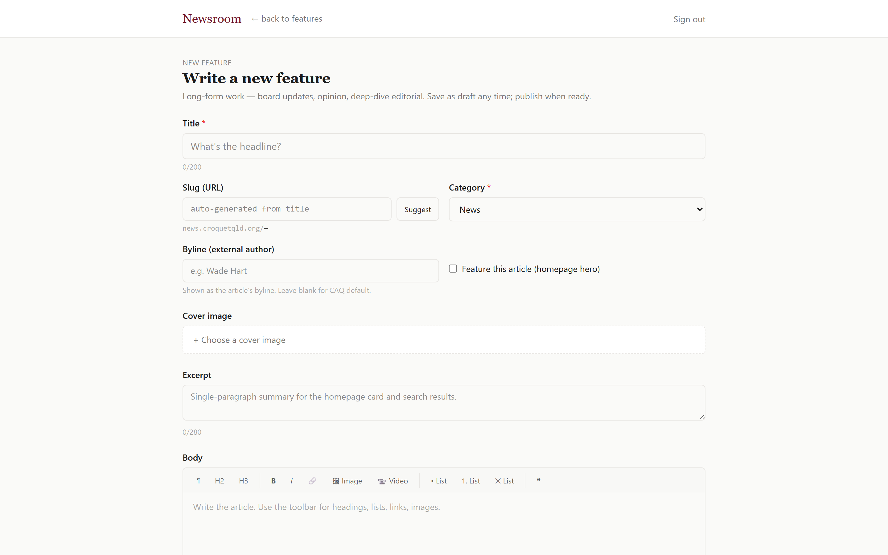 The feature-article editor in MyCroquet.