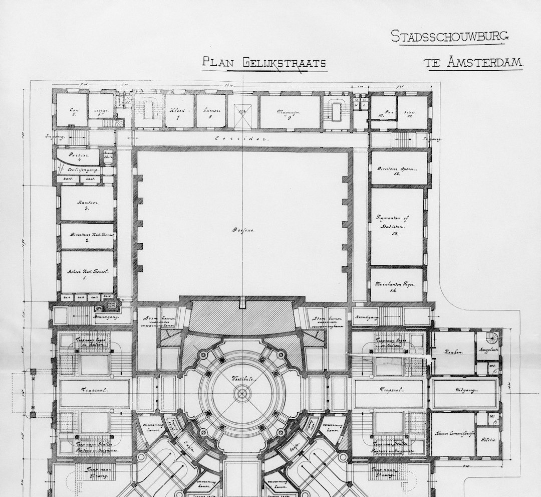 A plan of a building with a circular floor plan