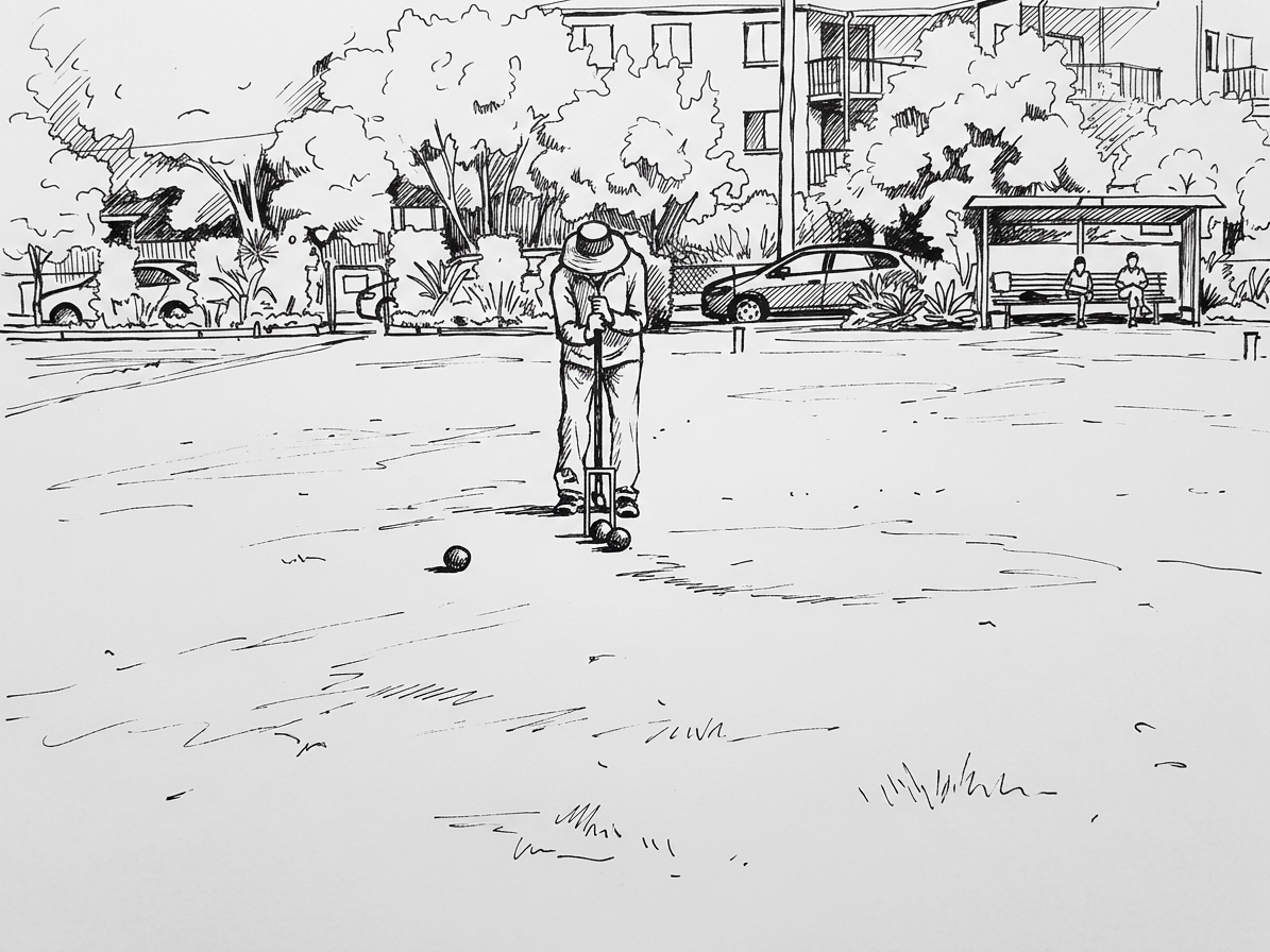 Croquet player aiming